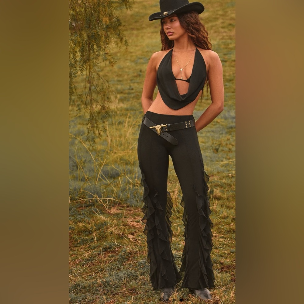 Oh Polly Black Boot Cut Flare Pants with Fringe